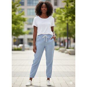 2/$35 Athleta Blue Cabo Linen Joggers Athleisure Loungewear Women Size 8 PETITE